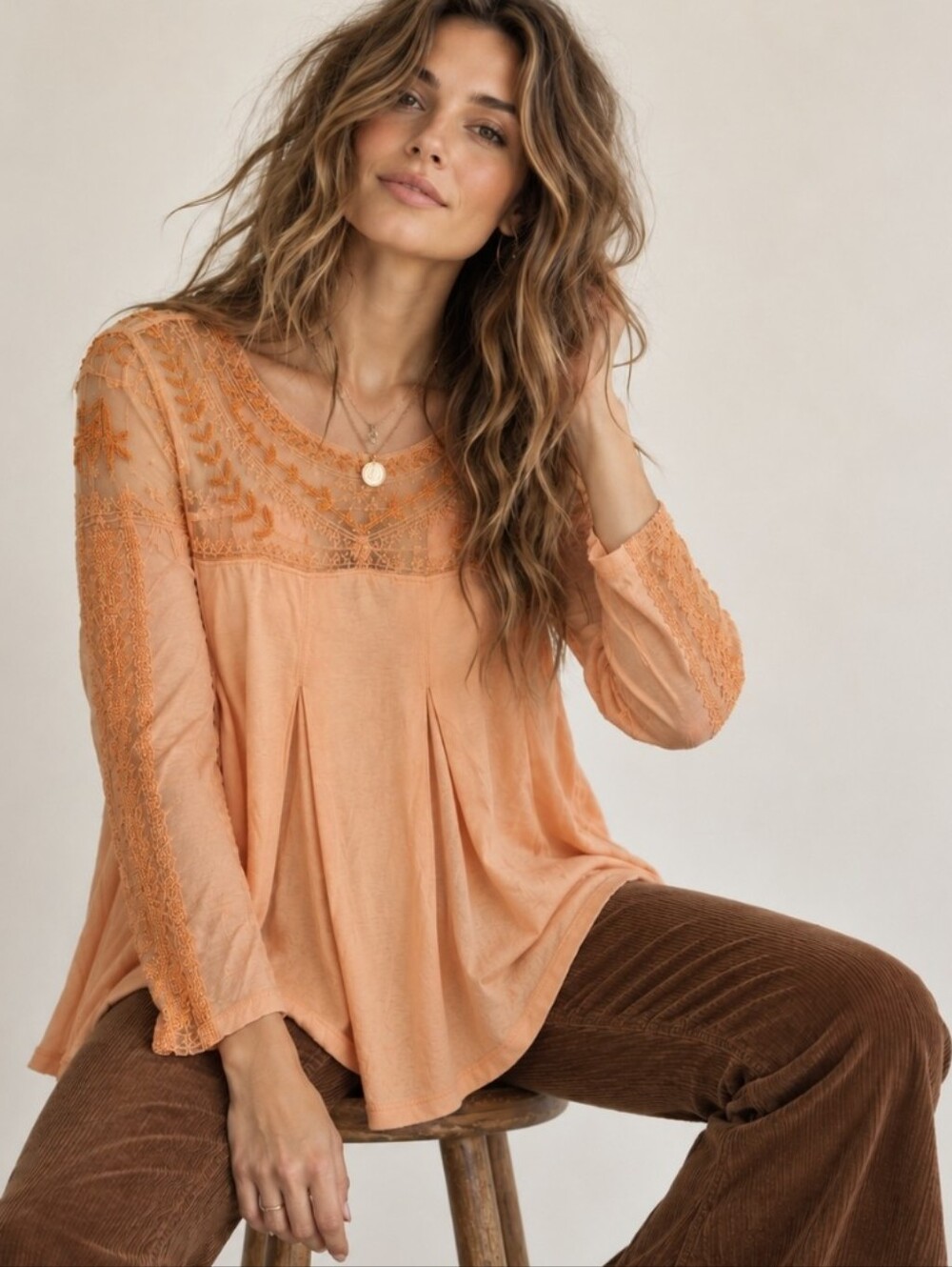 Free People Lace Jojo Embroidered Mesh Blouse Pullover Tunic Top Peach Boho Sz S